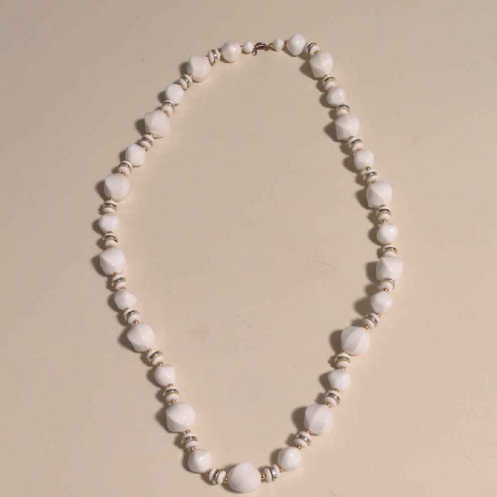 Elegant White Silver And Gold‎ Beaded Costume Necklace